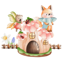 Cute Animal fairy and fairy house, Spring Season illustration Element png