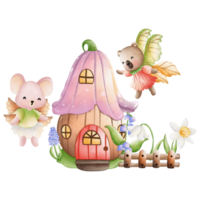 Cute Animal fairy and fairy house, Spring Season illustration Element png