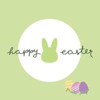 Cute simple Happy Easter logo with festive eggs and bunny silhouette on bright green circle background vector