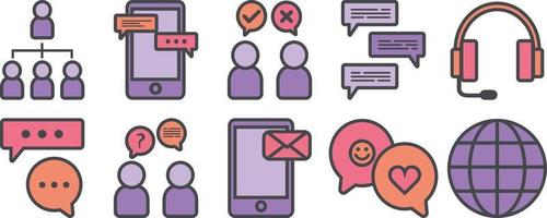 Conversation and connection icons collection. Simple outline persons and speech bubles in purple, pink and orange colors. Chatting, discussion and communications vector