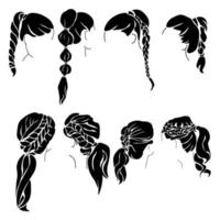 Set of silhouettes of women's hairstyles with braids and tails, stylish hairstyles for long and medium hair vector