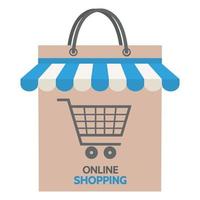 Online sale illustration. Shopping bag with showcase and trolley vector