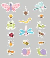 Set stickers of cute insects. Funny characters of snail, beetle, dragonfly and butterfly, bee and ant, spider and grasshopper. Vector illustration. isolated element for design