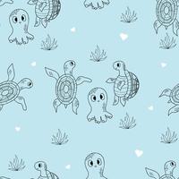 Seamless pattern with sea animals. Cute octopus and turtles on blue background. Vector illustration in doodle style. Endless background for kids collection, wallpapers, packaging, print.