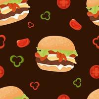 Seamless pattern with an appetizing hamburger on black background with slices of tomato and pepper. Vector Illustration in flat cartoon style for wallpaper, design, textile, packaging, decor.