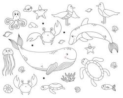 Collection marine life. animals and birds - whale and dolphin, seagulls and fish, crab and jellyfish, turtle and octopus. Vector. Sketch, outline. Isolated on white vector