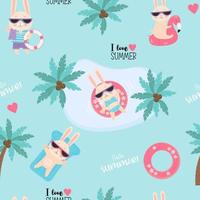 Summer tropical seamless pattern. Funny beach bunnies in sunglasses swim on waterproof inflatable circle and mattress on blue background with tropical palms. Vector illustration. I love summer