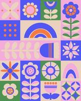 Modern abstract geometric background. Minimalistic colorful pattern tile design. Vector illustration. Set flower, figures, drawing, elements and forms. Hand drawn style.