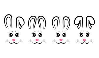 Vector design of collection of cartoon rabbit masks with gray and pink ears on white isolated background