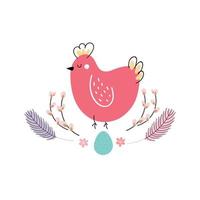 Easter chicken, eggs, willow and feathers vector