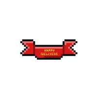 happy new year text in red ribbon with pixel art style vector