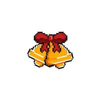 golden bell with red ribbon in pixel art style vector