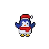 penguin wearing santa hat in pixel art style vector