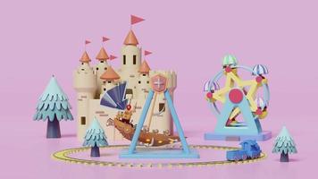 3d amusement park concept with teddy bear viking ship, railroad tracks, ferris wheel, landscape, castle, towers isolated on pink background. 3d animation