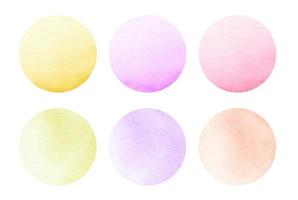 Colorful watercolor circles set. Pink, yellow, orange, red colors abstract round geometric shapes on white background. Aquarelle multicolored stains on paper texture overlay. Template for your design. photo