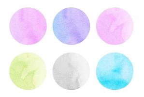 Pastel colorful watercolor circles set. Light pink, purple, blue, yellow, gray colors abstract round geometric shapes on white background. Aquarelle stains on paper texture. Template for your design. photo