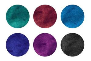 Colorful watercolor circles set. Red, blue, purple, green, black abstract round geometric shapes on white background. Aquarelle multicolored stains on paper texture overlay. Template for your design. photo