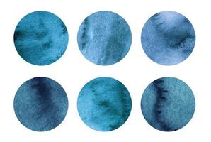 Sea blue watercolor circles set. Deep blue round geometric shapes on white background. Aquarelle stains on paper texture. Abstract art. Template for your design. photo