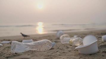 plast skräp nedskräpning de hav Strand. begrepp av hav skräp och förorening miljö- problem video