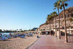 turistas broncearse a arenoso playa con azul cielo y palma arboles foto