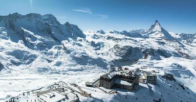 Aerial panorama view of the luxury hotel and the astronomic observatory at the Gornergrat photo