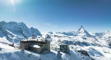 Aerial panorama view of the luxury hotel and the astronomic observatory at the Gornergrat photo