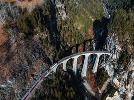 Aerial view famous mountain in Filisur, Switzerland. Landwasser Viaduct - world heritage photo