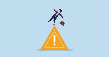 4k Mistake caution animation, business risk or problem warning, cautious businessman slip falling on exclamation symbol beware, careful caution sign. video
