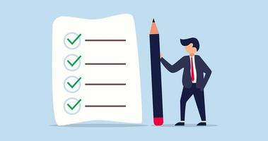 4k checklista för arbete animation. självsäker affärsman stående med penna efter avslutad Allt uppgifter checklista video