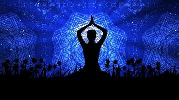 Yoga Animation Background. Yoga Background With Glowing Particle Moving. 3d Cartoon Animation Of Yoga, Woman Body Physical Postures Chakra Symbols,and Meditation Relaxation And Stress Relief BG video