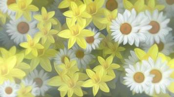 mooi lente bloemen natuur beweging achtergrond animatie met voorzichtig in beweging gele narcis en madeliefje bloemen in vol bloeien in de stijl van een olie schilderen. video