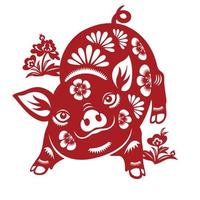 Chinese Zodiac Sign Year of Pig, Red paper cut pig, Happy Chinese New Year 2024 year of the pig vector