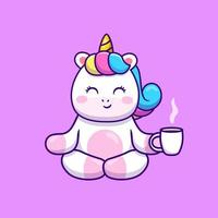 Cute Unicorn Yoga Holding Coffee Cartoon Vector Icon Illustration. Animal Drink Icon Concept Isolated Premium Vector. Flat Cartoon Style