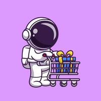 Cute Astronaut Push Trolley With Gift Cartoon Vector Icon Illustration. Science Business Icon Concept Isolated Premium Vector. Flat Cartoon Style