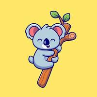 Cute Koala Hanging On Tree Cartoon Vector Icon Illustration. Animal Nature Icon Concept Isolated Premium Vector. Flat Cartoon Style