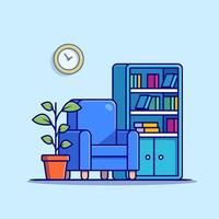 Living Room With Library Book And  Plant Cartoon Vector Icon Illustration. Interior Object Icon Concept Isolated Premium Vector. Flat Cartoon Style