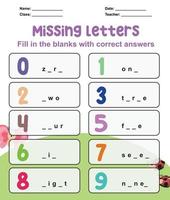 Missing letter worksheet. Complete the letters for number in English. Kids educational game. Printable worksheet for preschool. Writing practice. Vector file.