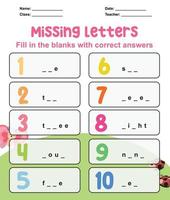 Missing letter worksheet. Complete the letters for number in English. Kids educational game. Printable worksheet for preschool. Writing practice. Vector file.