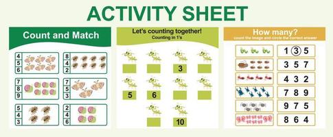 Activity sheet for children. 3 in 1 Educational printable worksheet. Count and write activity for kids. Vector illustrations.