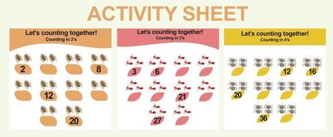 Activity sheet for children. 3 in 1 Educational printable worksheet. Count and write activity for kids. Vector illustrations.