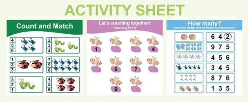 Activity sheet for children. 3 in 1 Educational printable worksheet. Count and write activity for kids. Vector illustrations.