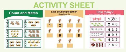 Activity sheet for children. 3 in 1 Educational printable worksheet. Count and write activity for kids. Vector illustrations.