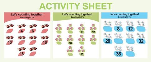 Activity sheet for children. 3 in 1 Educational printable worksheet. Count and write activity for kids. Vector illustrations.