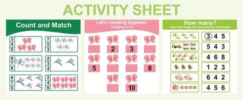 Activity sheet for children. 3 in 1 Educational printable worksheet. Count and write activity for kids. Vector illustrations.