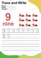 Trace and write number for children. Exercise for children to recognize the number. Writing activity for kids. Vector file.