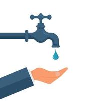 Hand opens or closes a water tap, save water,concept of eco and world water day. vector