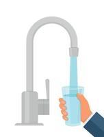 Water tap with glass. Filling cup beverage. Vector illustration.