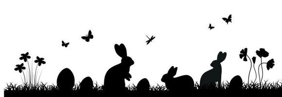 Easter illustration with rabbit and grass and eggs.Easter Background with rabbit and easter eggs. Silhouette vector graphics.