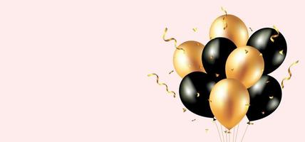 Bouquet, bunch of realistic 3d ballons serpentine, confetti. Vector illustration for card, party, design, flyer, poster, decor, banner, web, advertising.