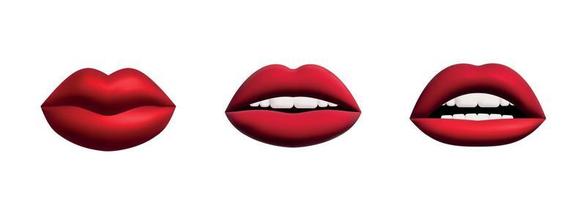 Lips realistic 3d render of red shades. Women's shapes lip, glossy and matte. Isolated set on white background. Decoration objects for design. Vector illustration